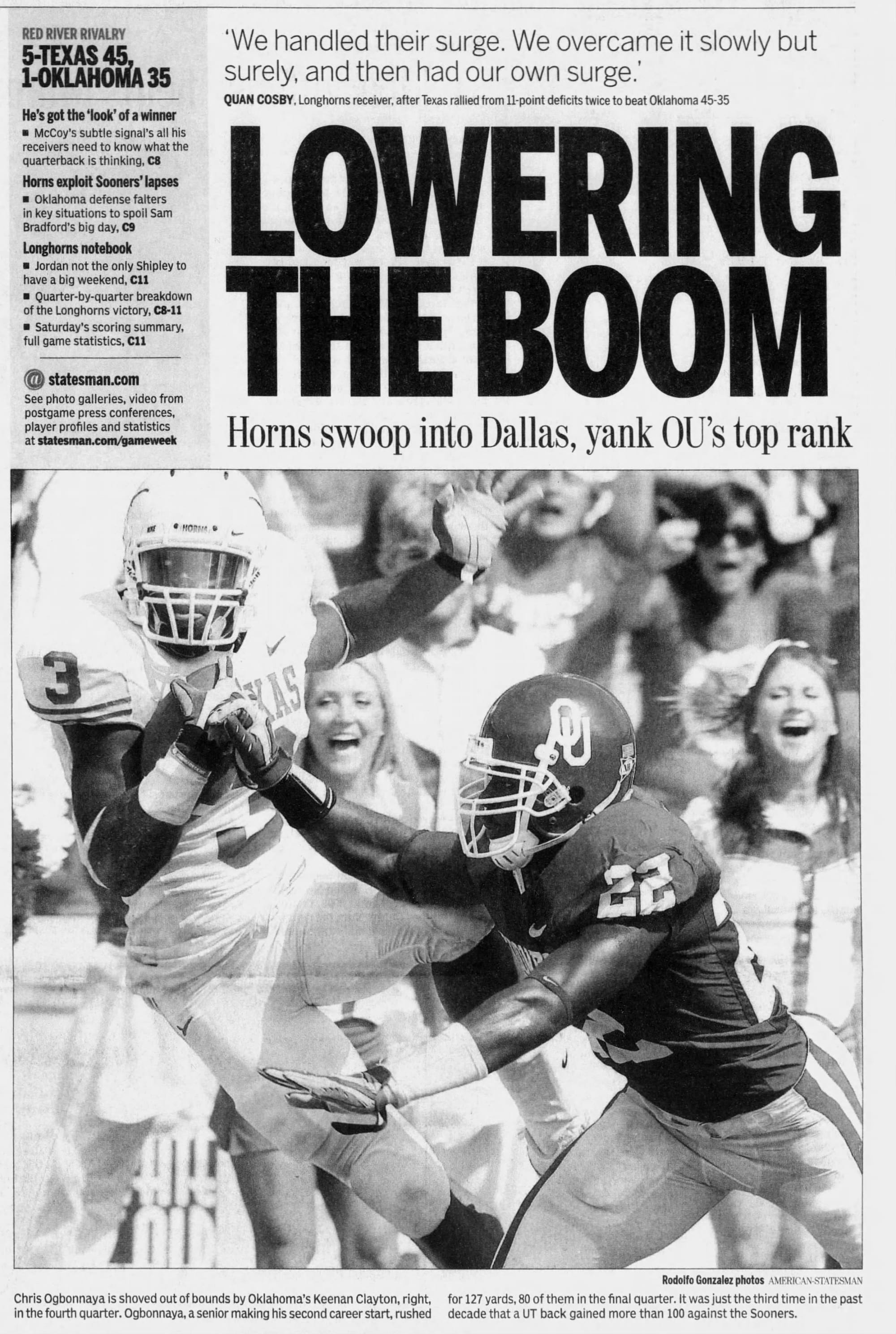 “Lowering the Boom — Horns swoop into Dallas, yank OU's top rank.” Austin American-Statesman, Oct. 12, 2008.