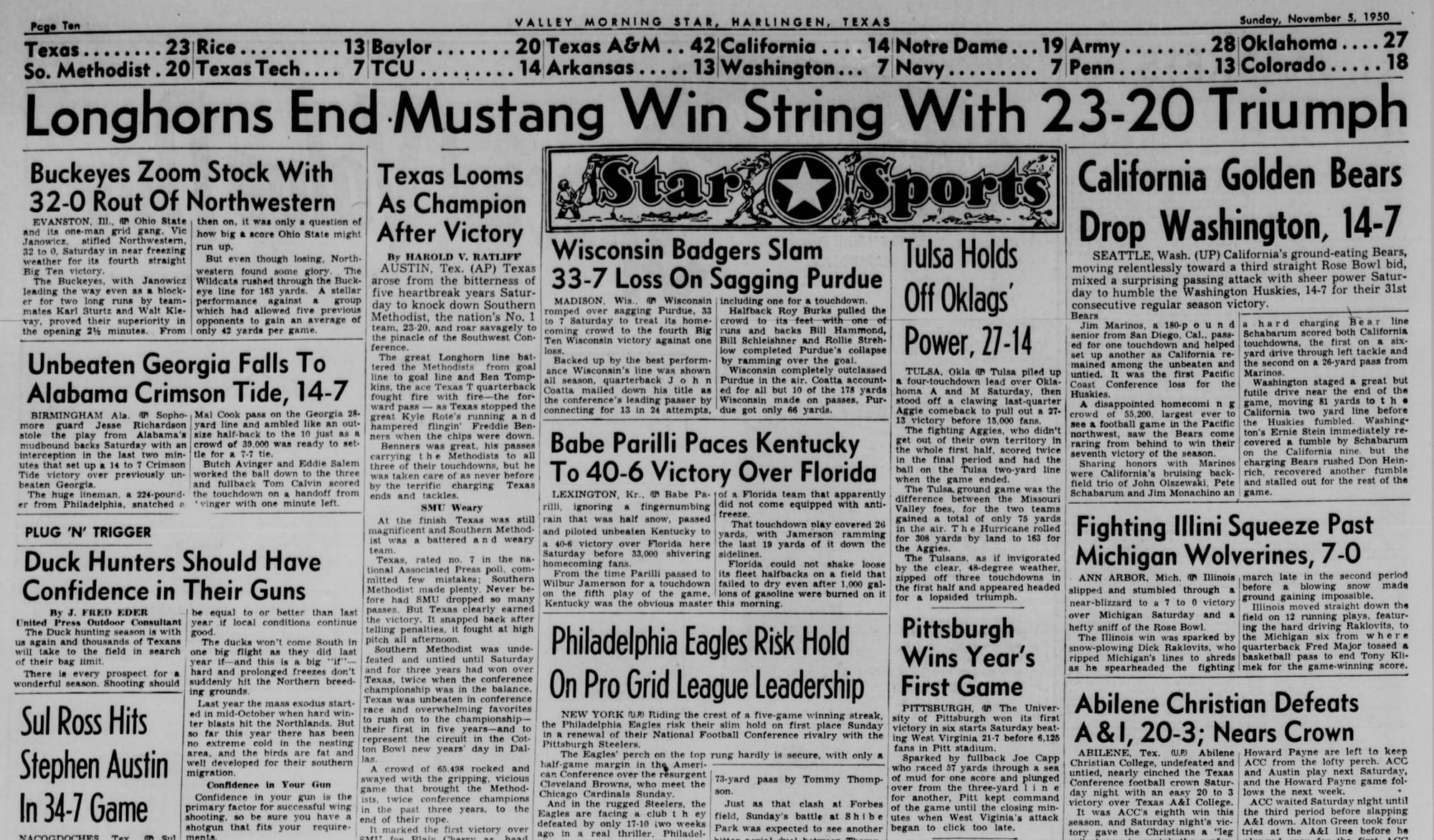 “Longhorns End Mustang Win String With 23-20 Triumph” — AP, in the Valley Morning Star of Harlingen, Nov. 5, 1950.