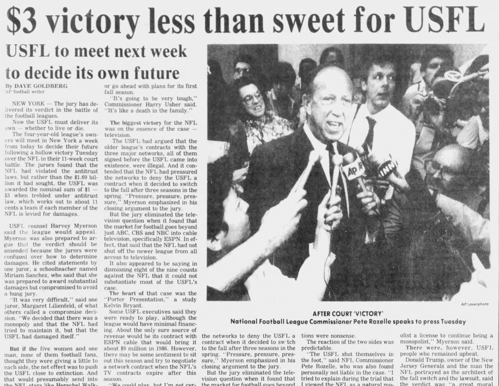 “$3 victory less than sweet for USFL” — AP, July 30, 1986. Pete Rozelle meets the press; one juror admitted she'd compromised to avoid a hung jury.