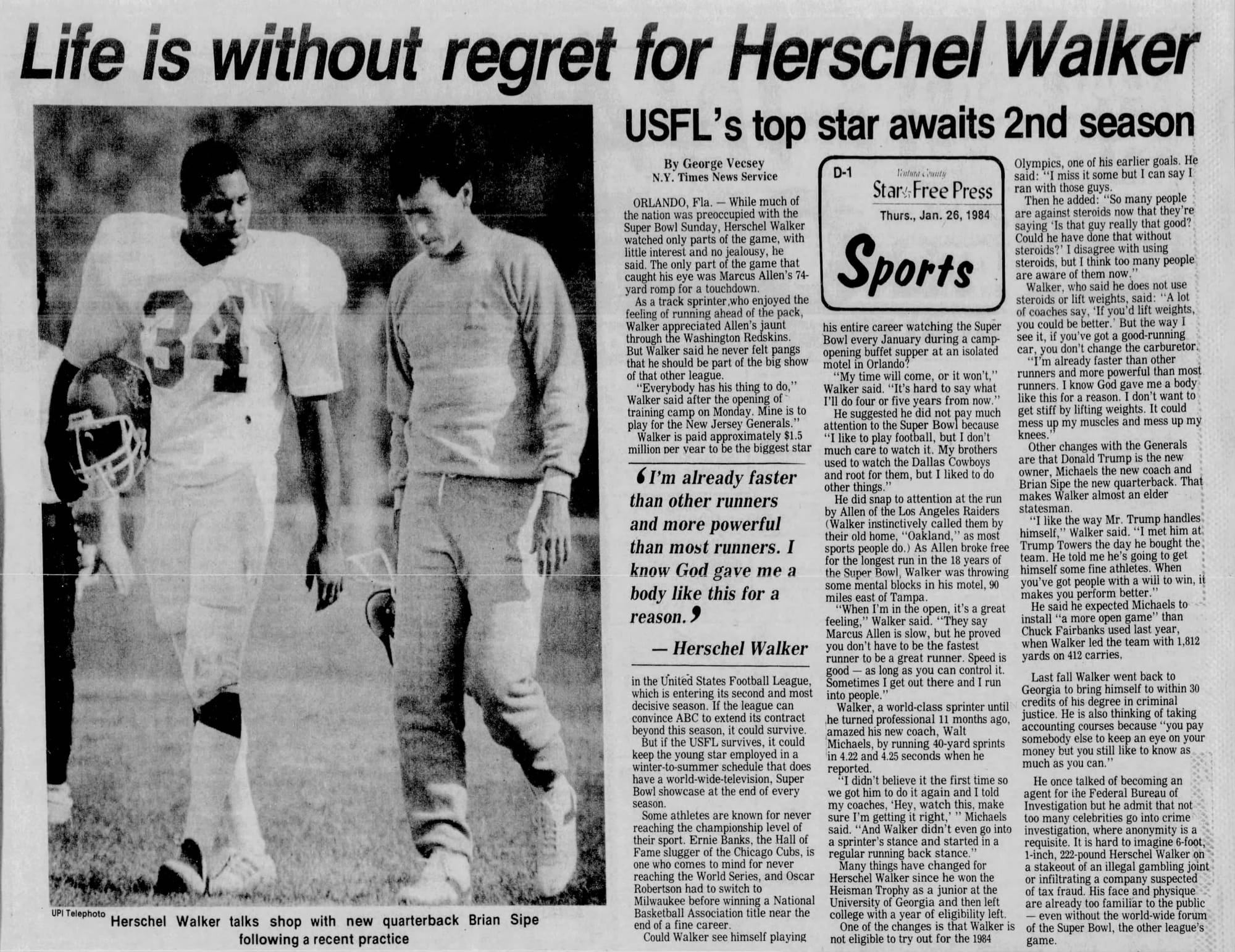 “Life is without regret for Herschel Walker” — George Vecsey, via the Ventura County Star-Free Press, Jan. 26, 1984: $1.5 million a year, a new owner named Trump, and a new quarterback named Brian Sipe.
