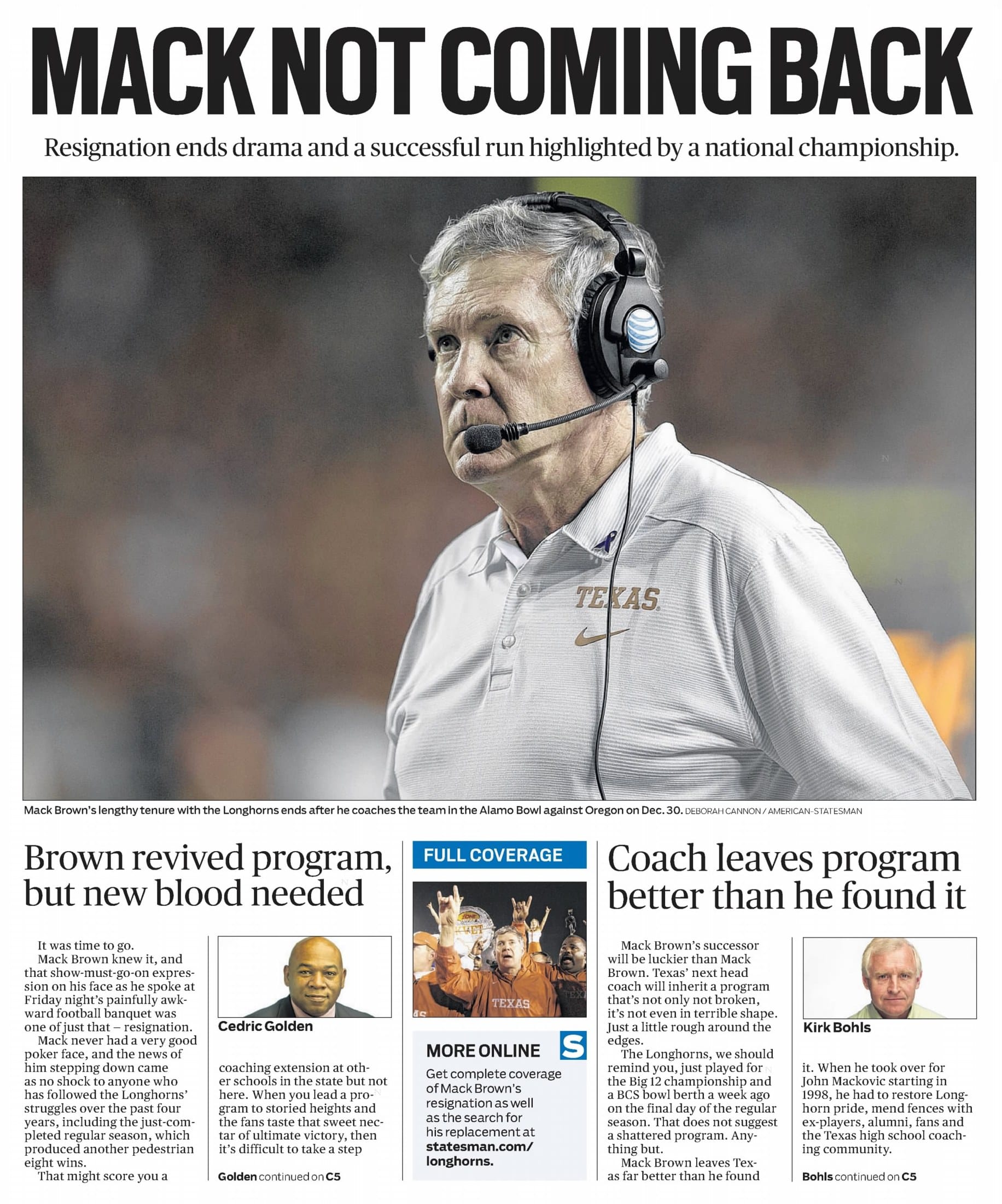 “MACK NOT COMING BACK” — Austin American-Statesman, Dec. 15, 2013. He'd do it again at North Carolina eleven years later.