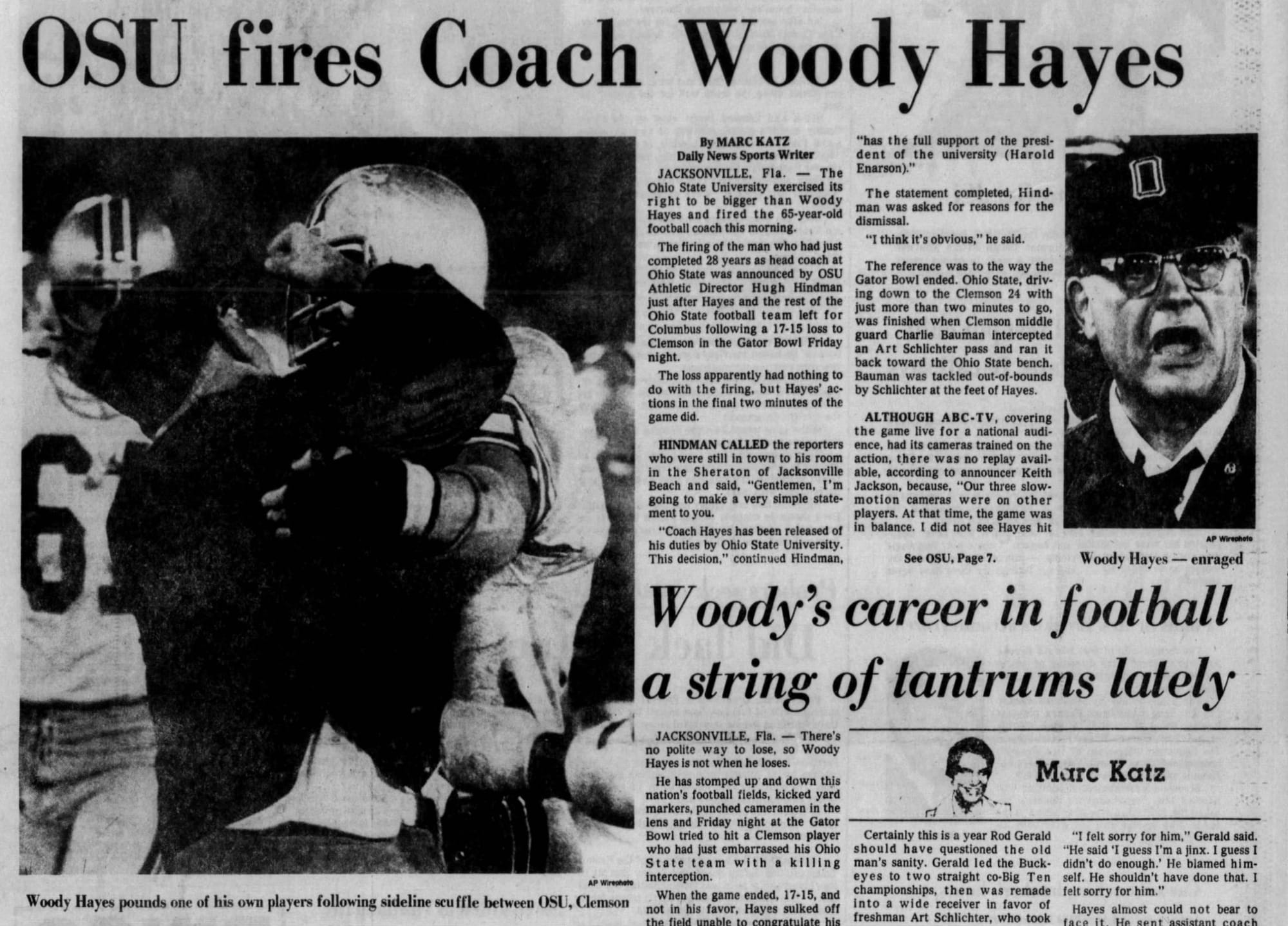 “OSU fires Coach Woody Hayes” — Dayton Daily News, Dec. 30, 1978. Note the subhead: “Woody's career in football a string of tantrums lately.”