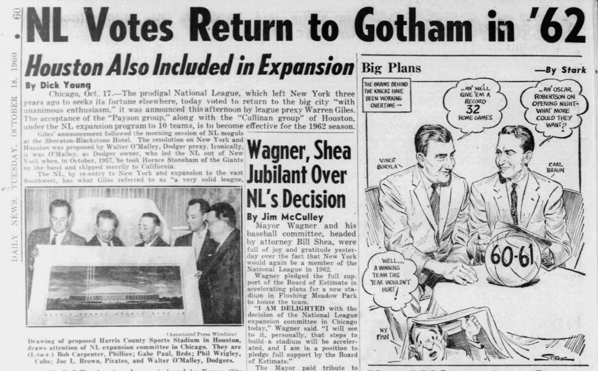New York Daily News, Oct. 18, 1960: the National League votes to return to New York in 1962, with Houston included.
