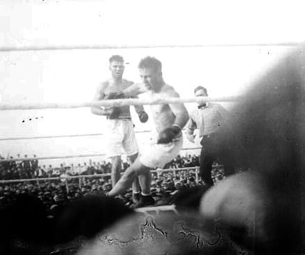 Dempsey and Miske at Floyd Fitzsimmons's arena, Benton Harbor, Sept. 6, 1920. A small surviving print, shown as-is.