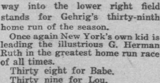 "Thirty eight for Babe. Thirty nine for Lou." Marshall Hunt in the Daily News, Aug. 20, 1927.
