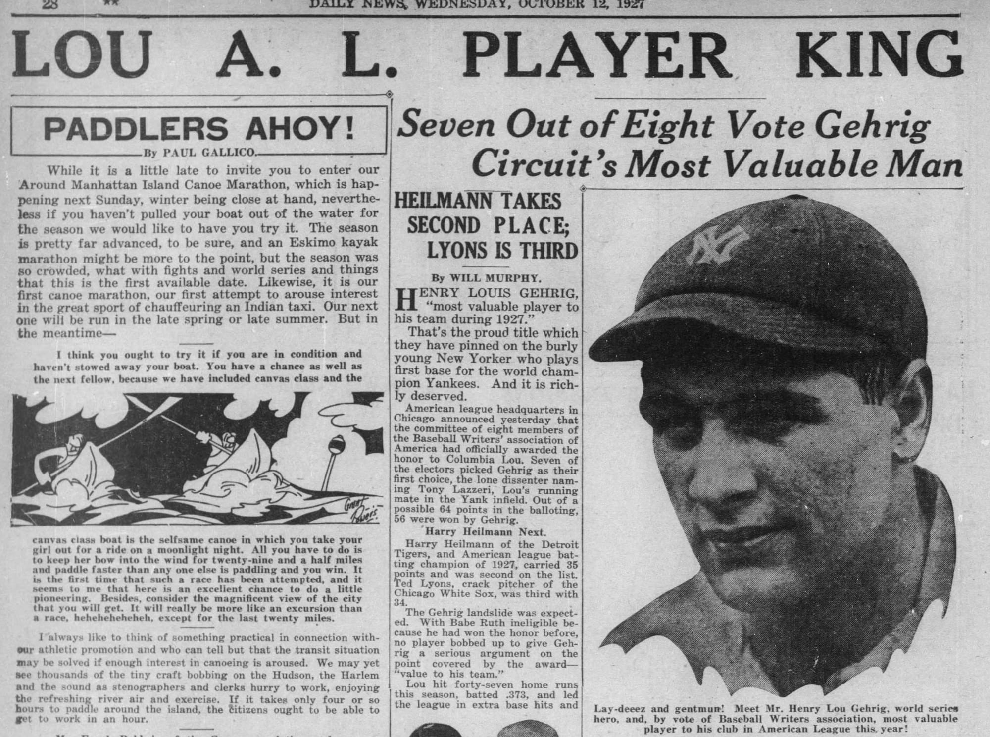 New York Daily News, Oct. 12, 1927. The story notes Ruth was "ineligible because he had won the honor before."