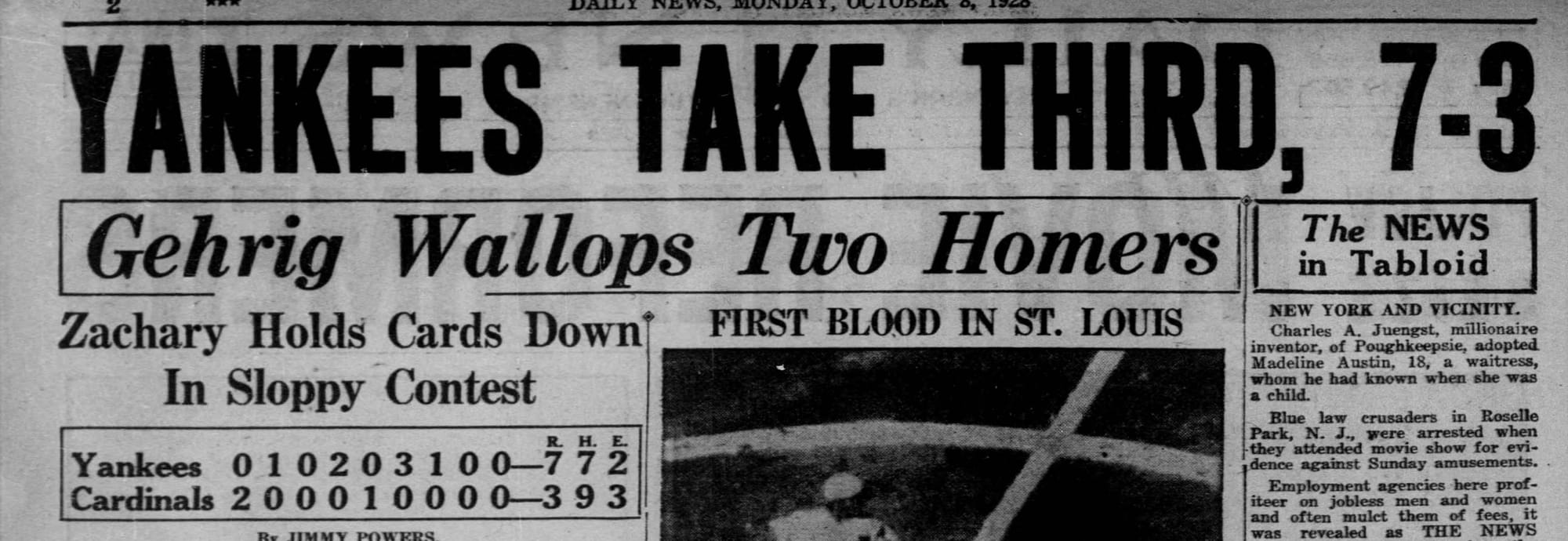 New York Daily News, Oct. 8, 1928: "Zachary Holds Cards Down."