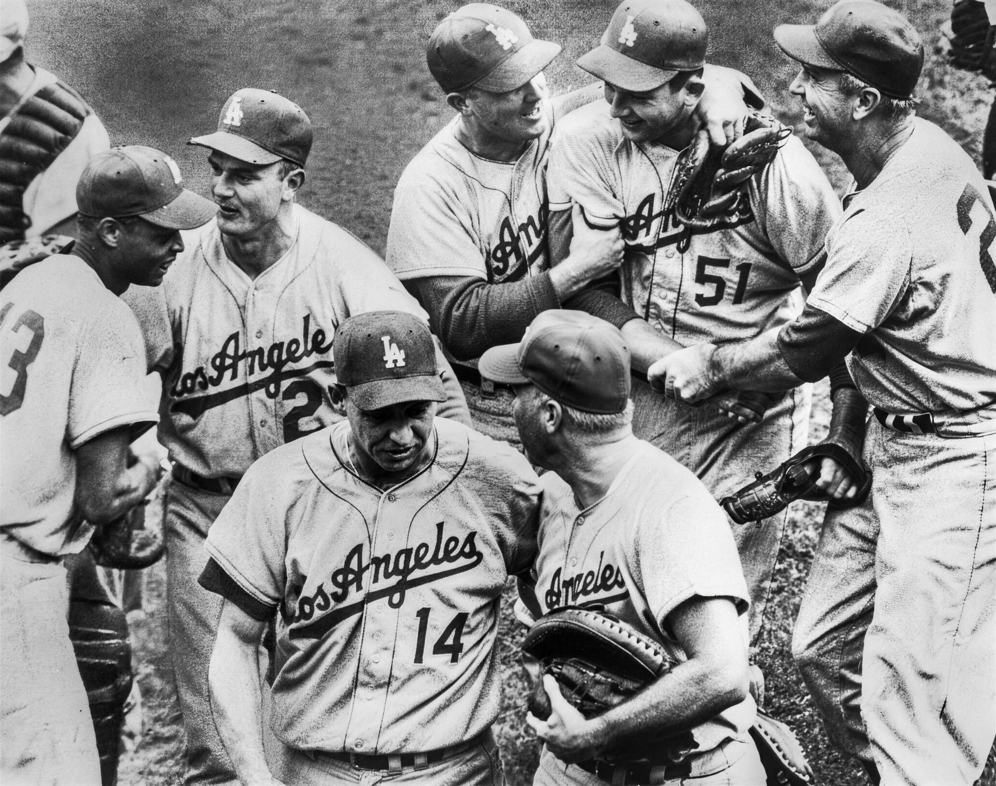 "Los Angeles" across the chest. Gil Hodges, number 14, and teammates after clinching at Comiskey Park, October 8, 1959.