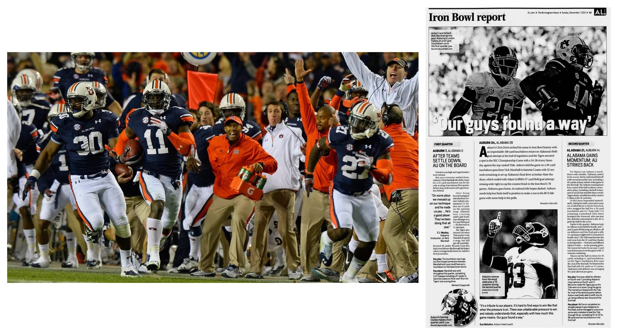 Auburn's sideline as Chris Davis comes down it, and the Birmingham News of Dec. 1, 2013.