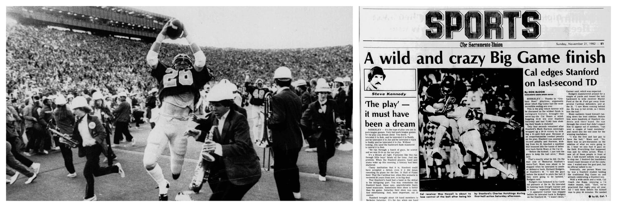 Kevin Moen, No. 26, in the end zone surrounded by the Stanford band. Beside it, the Sacramento Union of Nov. 21, 1982: