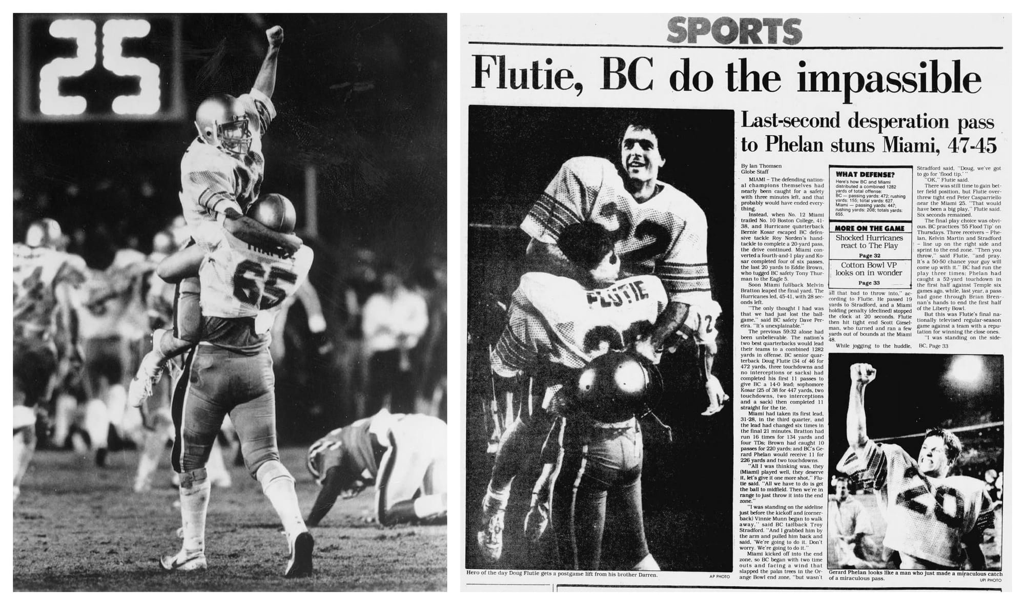 Boston College celebrating at the Orange Bowl while a Miami player stays on his knees, and the Boston Globe of Nov. 24, 1984.
