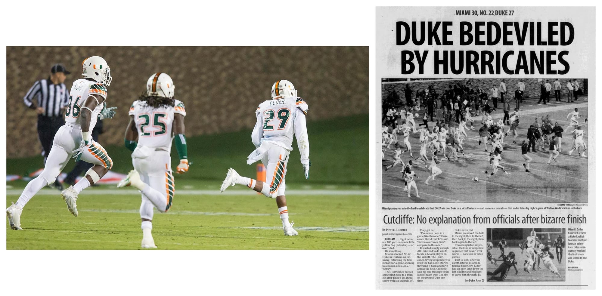Corn Elder, No. 29, during the sequence of laterals, and the Greensboro News & Record of Nov. 1, 2015.