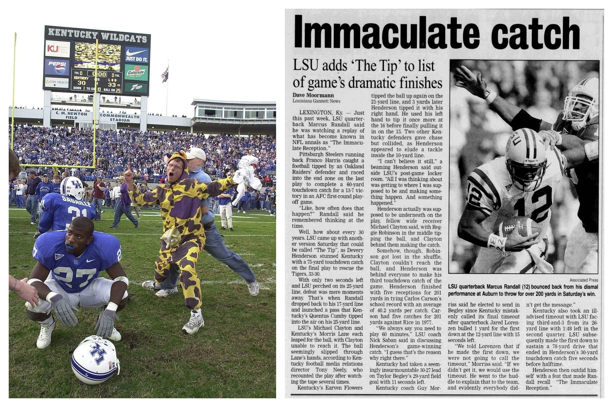 The scoreboard reads Kentucky 30, LSU 33. A Kentucky player is on the ground and someone in purple and gold is already celebrating. The Daily Advertiser, Nov. 10, 2002.