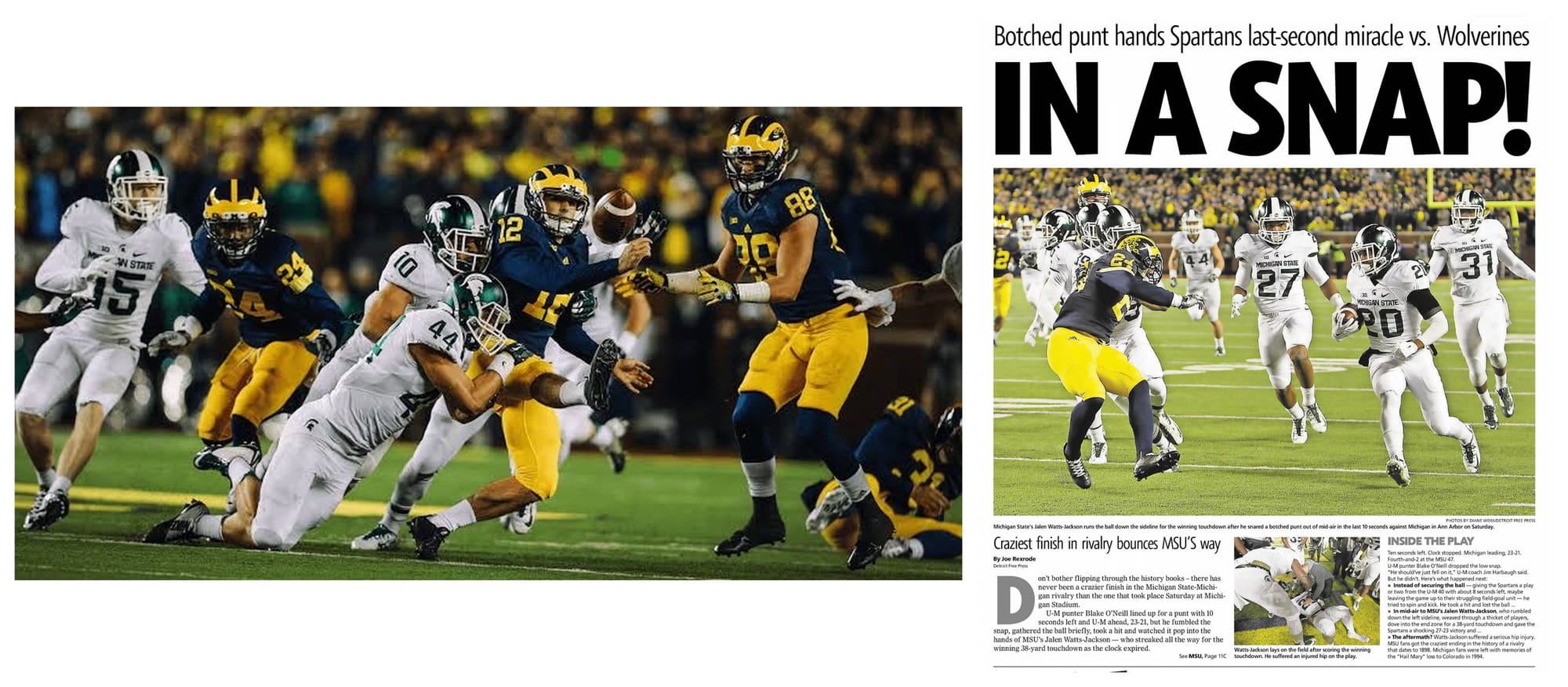 The snap coming loose, and the Detroit Free Press sports front of Oct. 18, 2015.