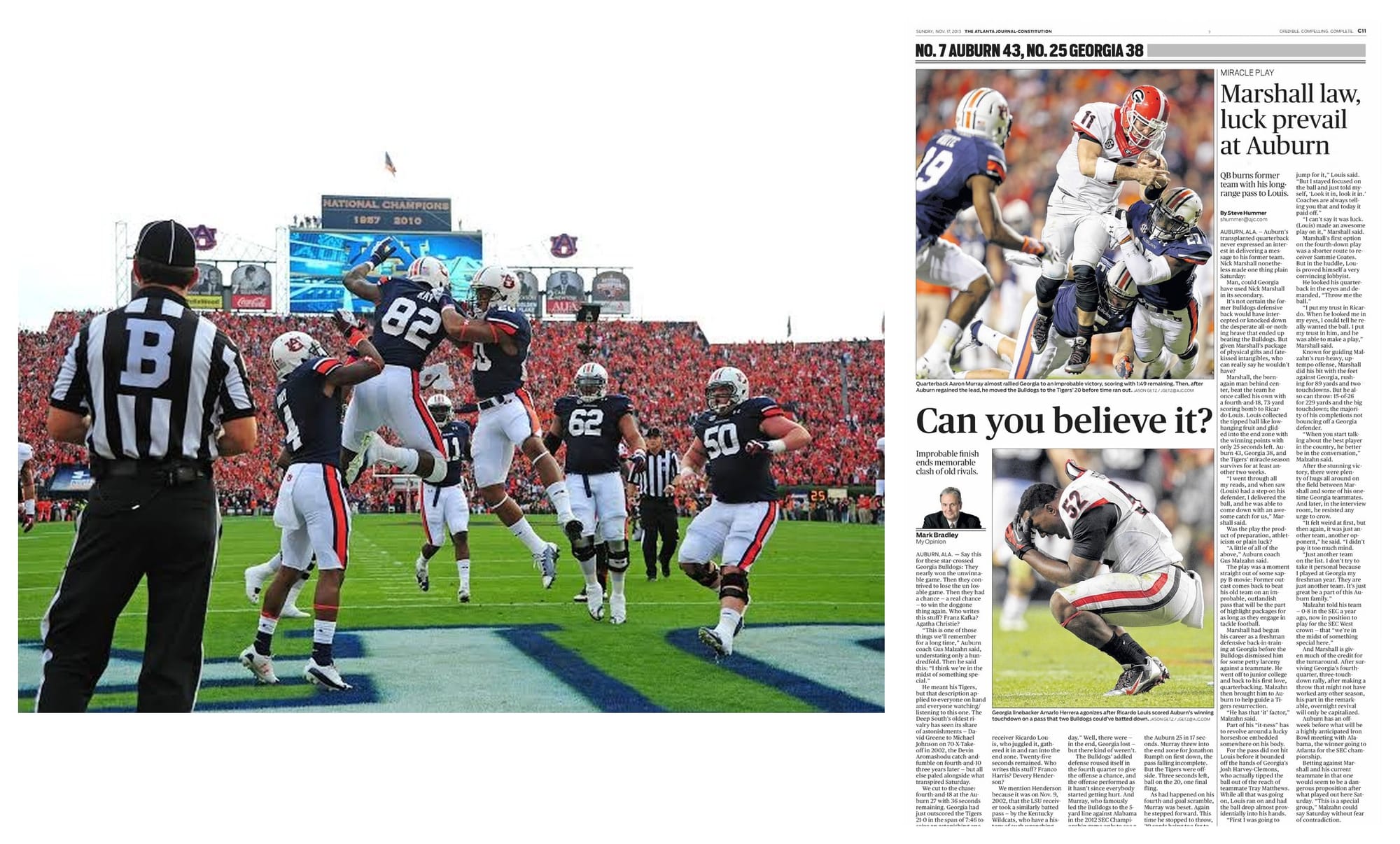 Auburn celebrating in the end zone at Jordan-Hare, and the Atlanta Constitution of Nov. 17, 2013.