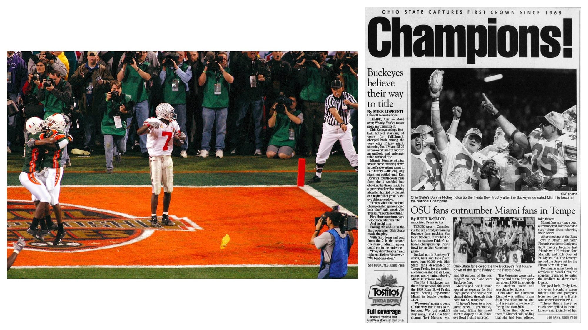 The yellow flag lying on the orange turf. Miami is already celebrating at the left; Ohio State's Chris Gamble, No. 7, the receiver on the play, stands alone in the end zone. The Chillicothe Gazette, Jan. 4, 2003.