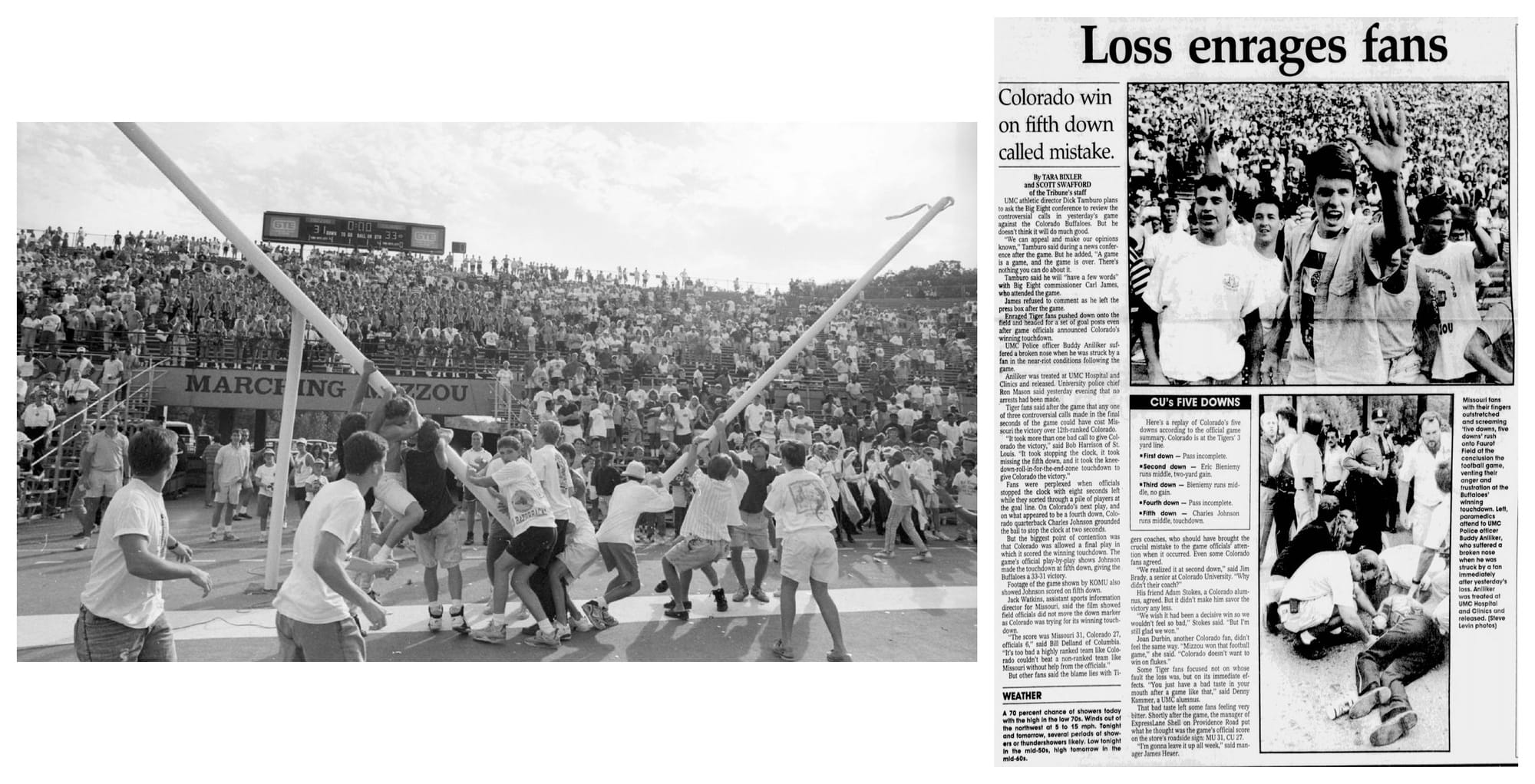 Missouri students pulling down the goalposts with the scoreboard reading 33-31 and no time left. Beside it, the Columbia Daily Tribune of Oct. 7, 1990: