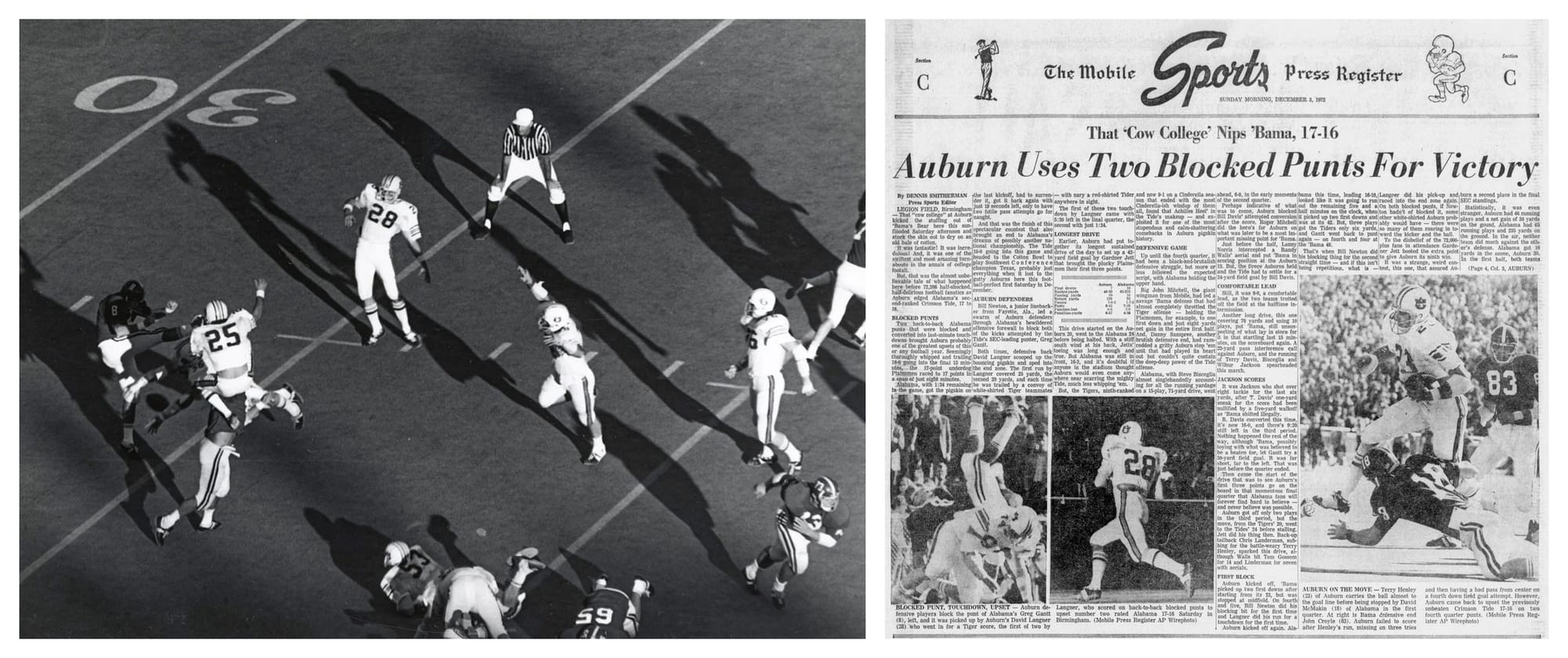 Legion Field, Dec. 2, 1972, with the ball loose on the ground, and the Mobile Register the next morning.