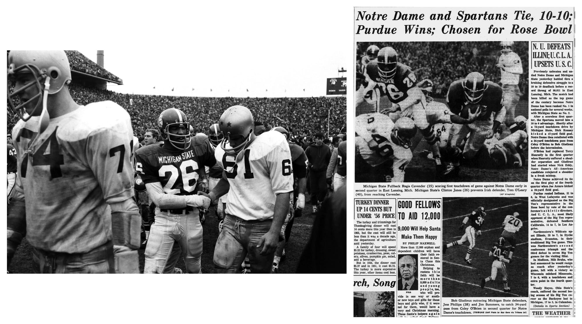 Notre Dame and Michigan State players walking off together, and the Chicago Tribune of Nov. 20, 1966.