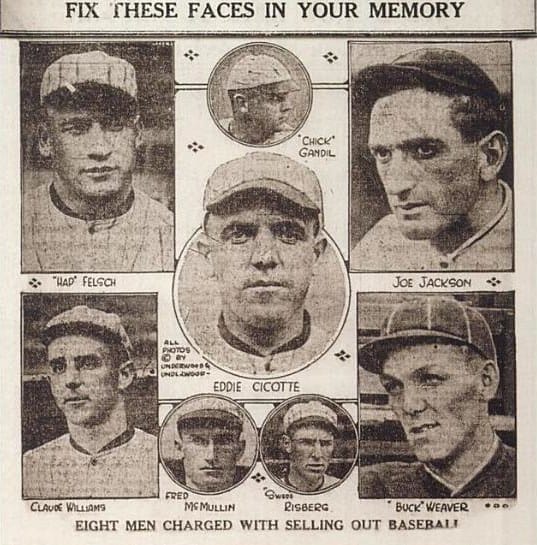 "Fix these faces in your memory": the 8 accused players, as newspapers ran them in 1920. (Underwood & Underwood)