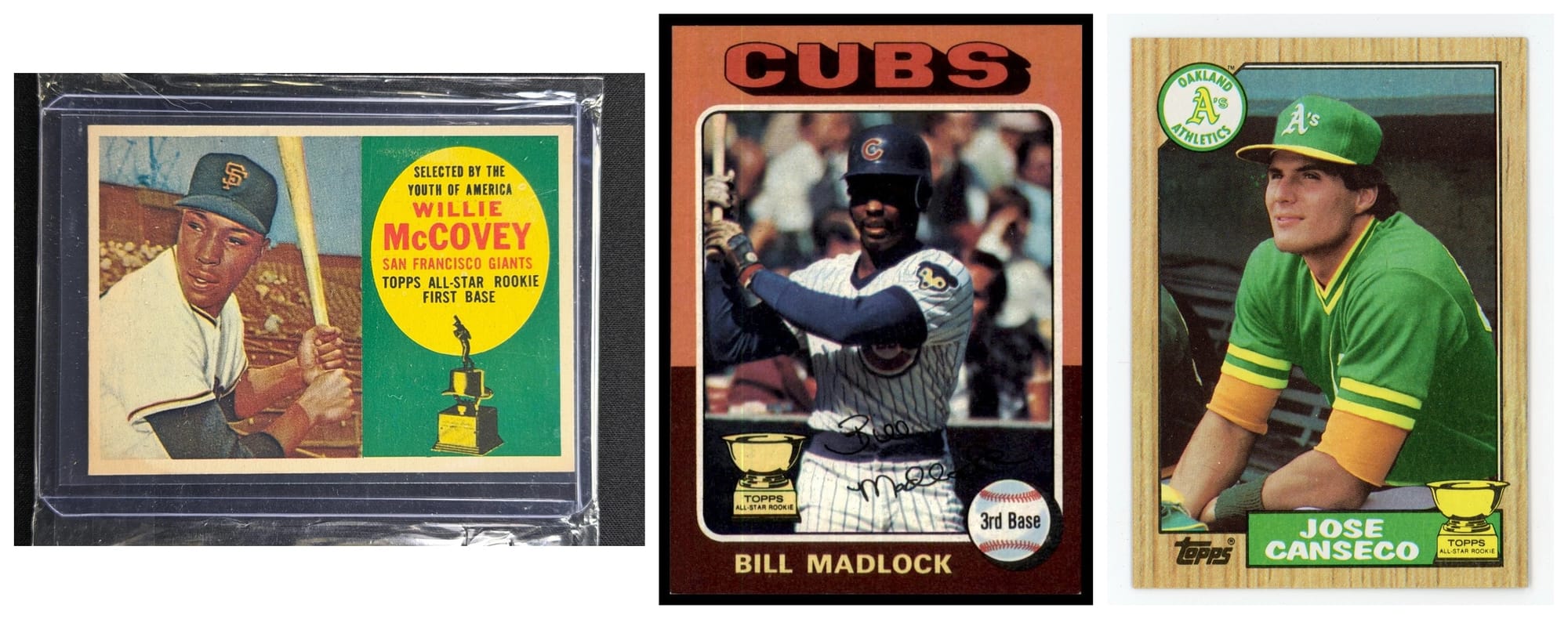 Three eras of the same award. Left: the 1960 Willie McCovey, a one-off design reading