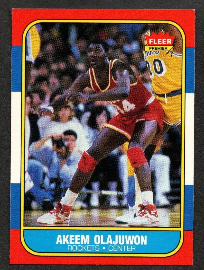 1986-87 Fleer #82: “AKEEM” Olajuwon. No H until 1991 — and the quickest way to spot a fake.