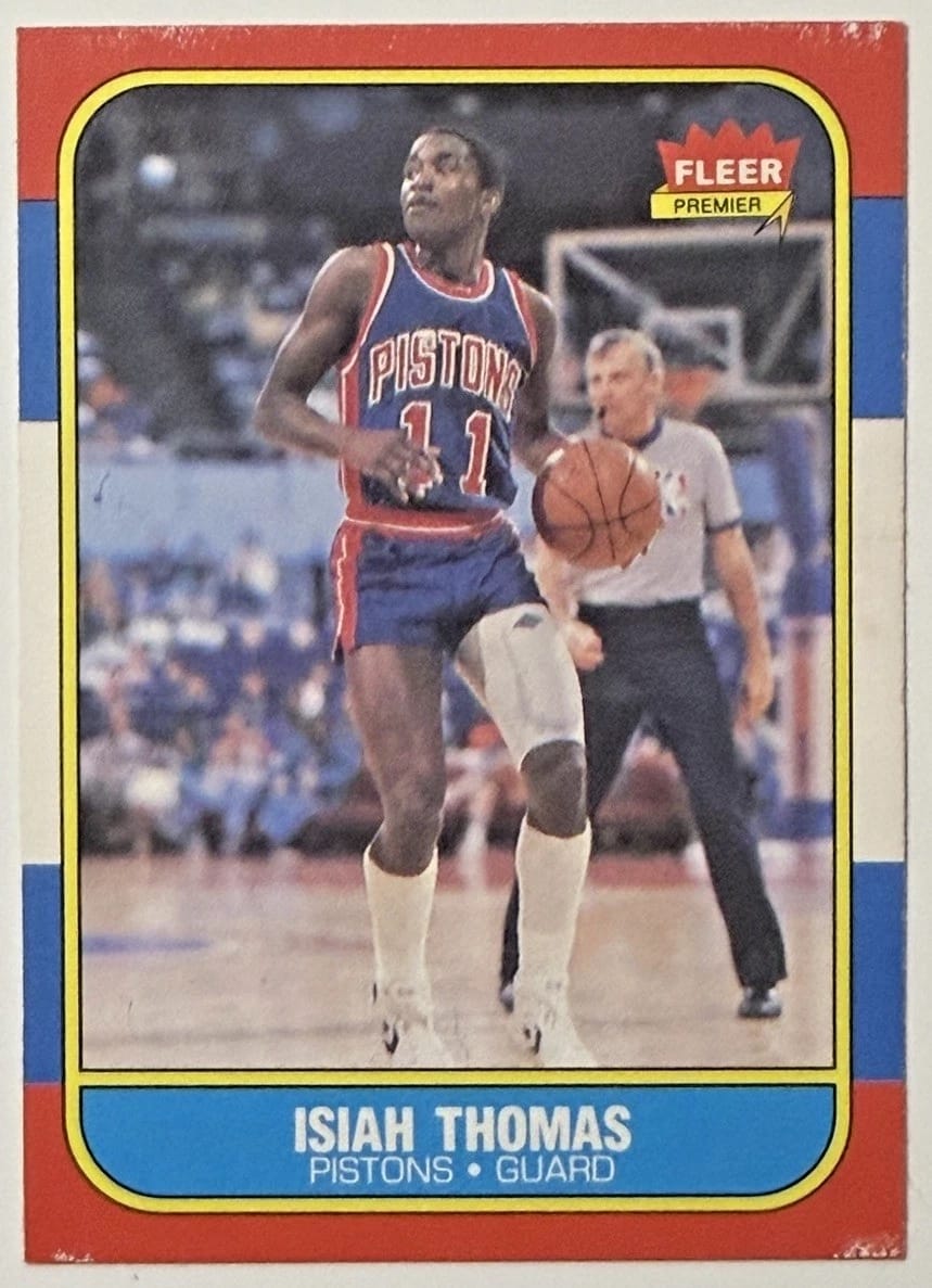 1986-87 Fleer #109, Isiah Thomas — 5 seasons, 4 All-Star selections, an All-Star Game MVP, and this is card one.
