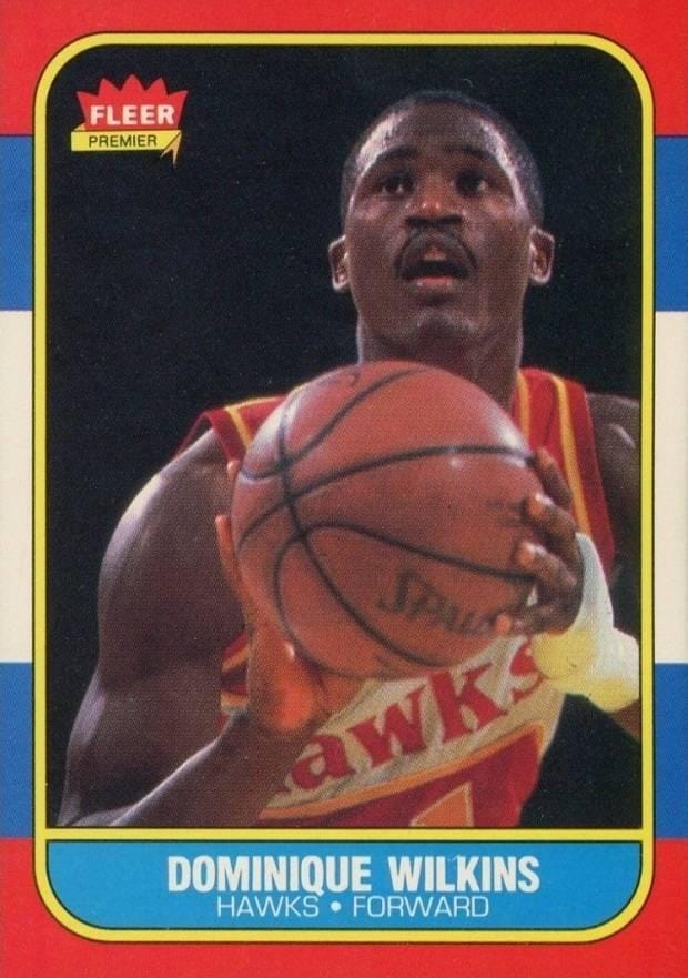 1986-87 Fleer #121, Dominique Wilkins — the league's scoring champion that season, on his “rookie” card.