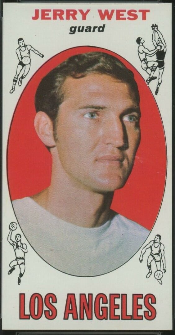 1969-70 Topps: the “tall boy,” 2½ by 4-11/16 inches. Jerry West, Los Angeles.