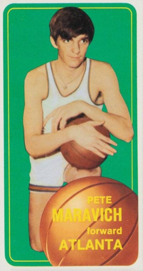 1970-71 Topps tall boy: Pete Maravich's rookie card, before Atlanta had a logo on it.