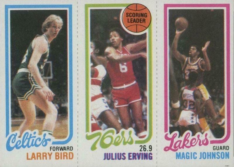 1980-81 Topps: the perforated three-panel strip with the Larry Bird and Magic Johnson rookies flanking Julius Erving. 24 perfect 10s out of 16,424 graded.