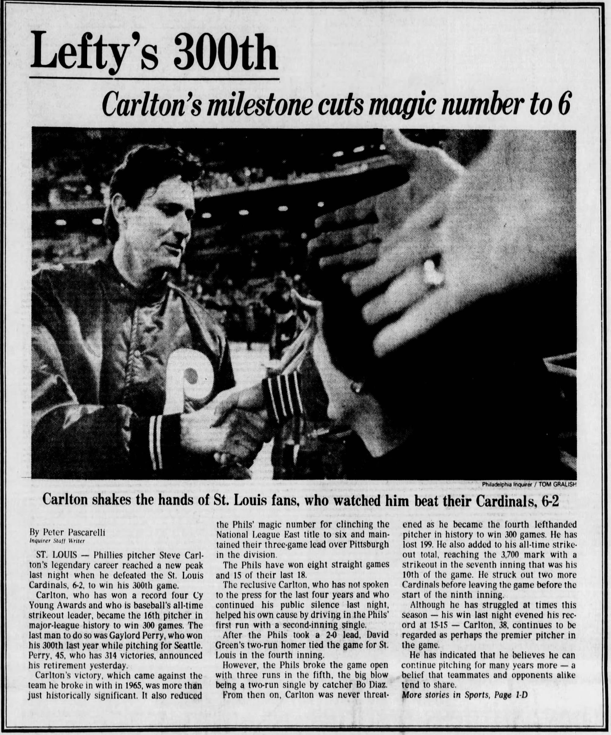 The Philadelphia Inquirer, Sept. 24, 1983: "Lefty's 300th."