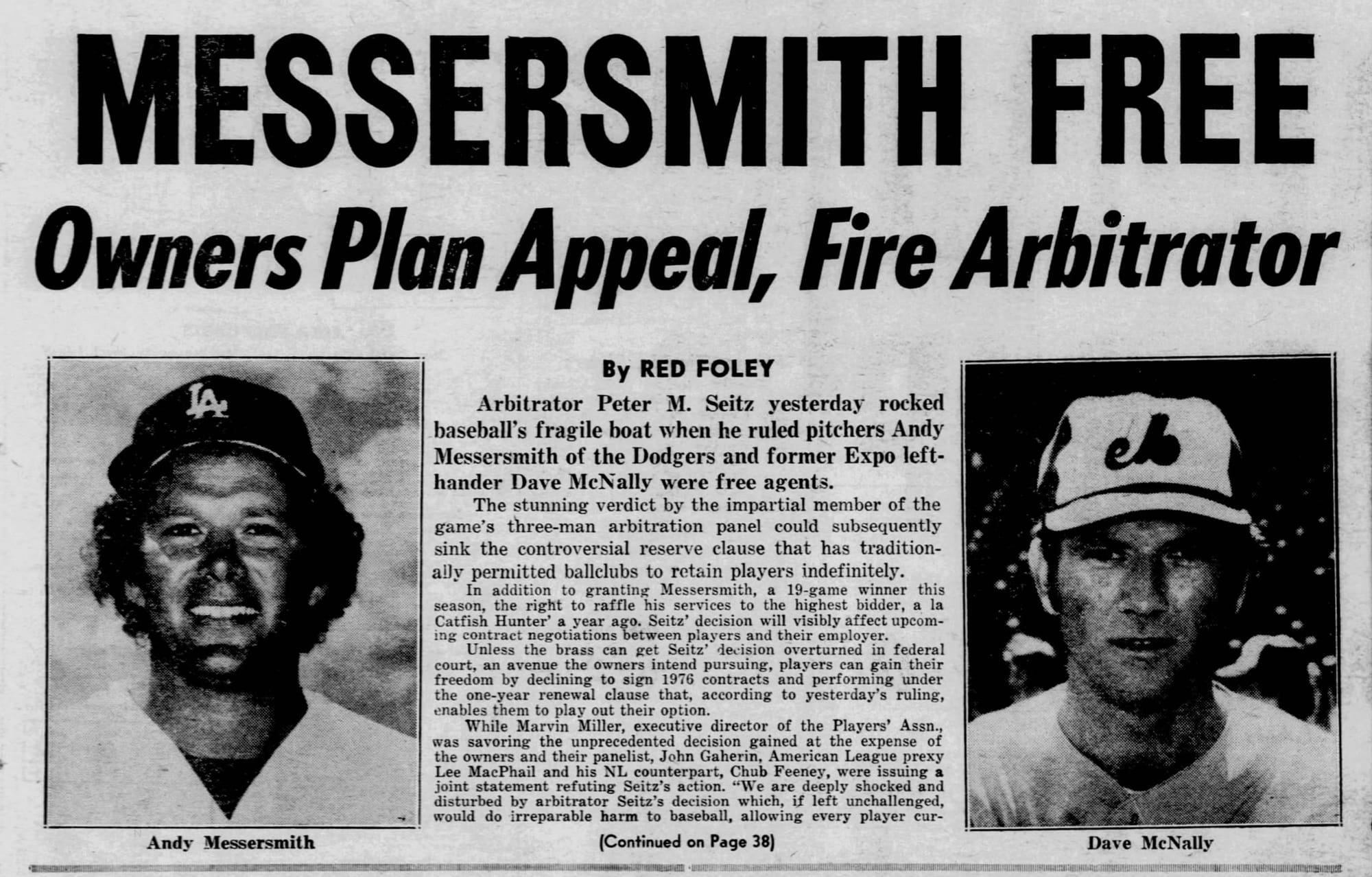 'MESSERSMITH FREE' — Daily News, Dec. 24, 1975. The clerical era of baseball wages ends in a headline.