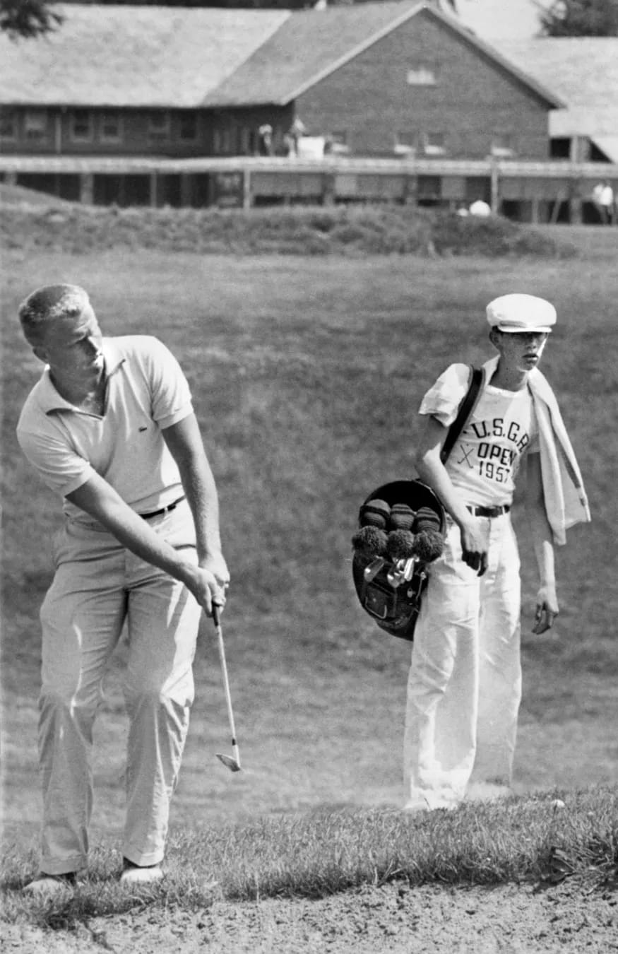The before picture: Nicklaus at 17, playing the 1957 U.S. Open at Inverness. The caddie's bib says so.