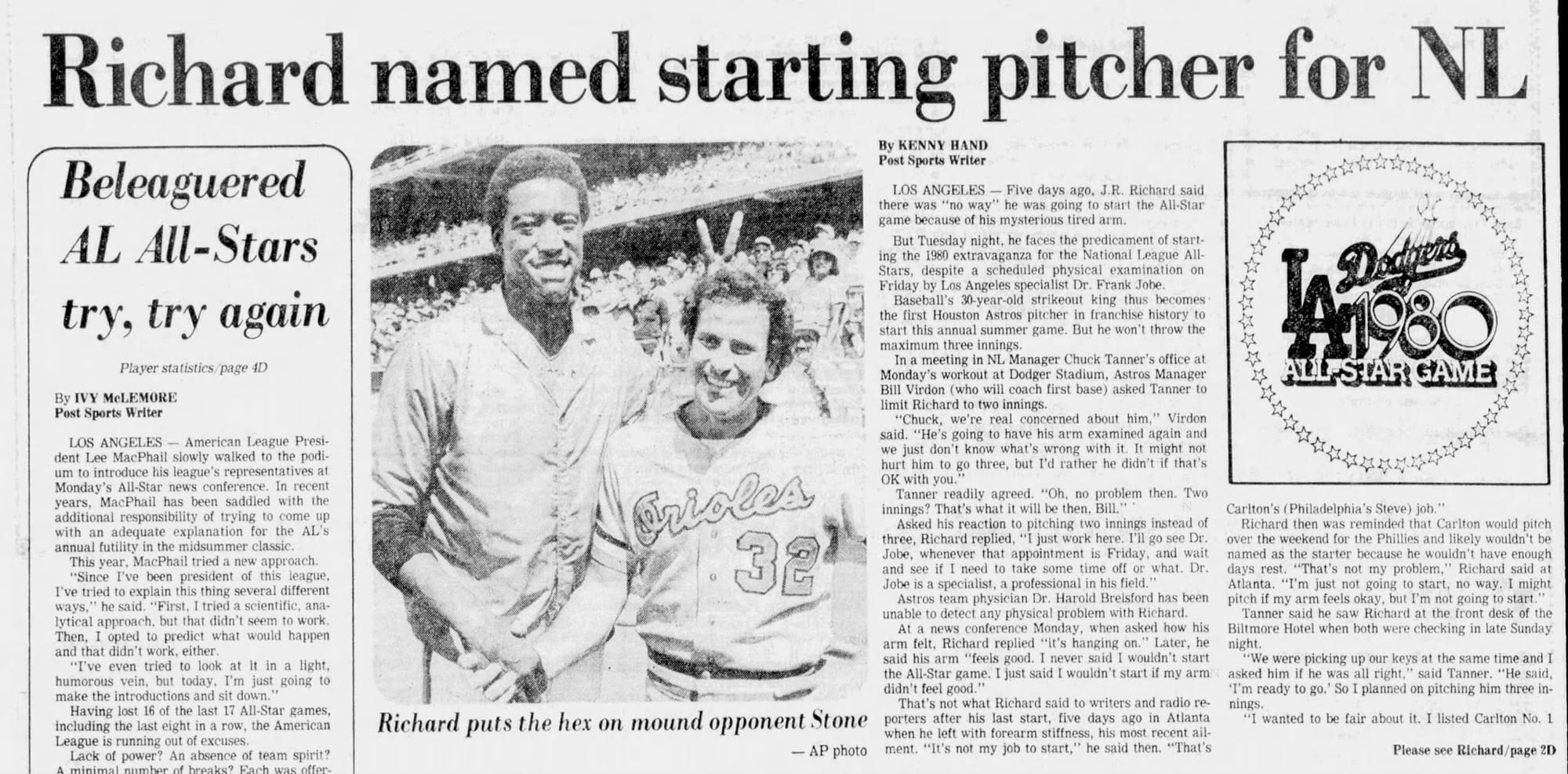 “Richard named starting pitcher for NL” — The Houston Post, July 8, 1980. The absolute summit.