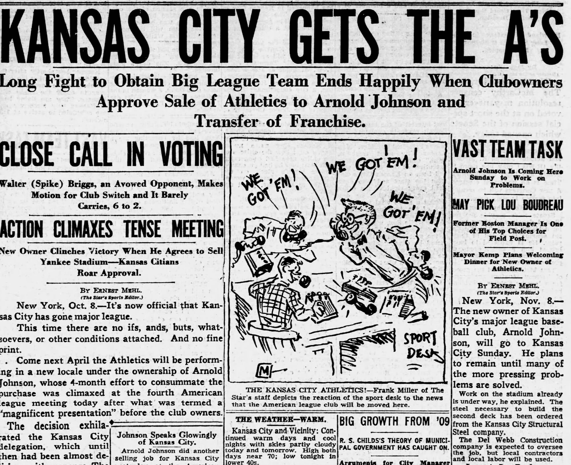The Kansas City Times, Nov. 9, 1954: "Kansas City Gets the A's."