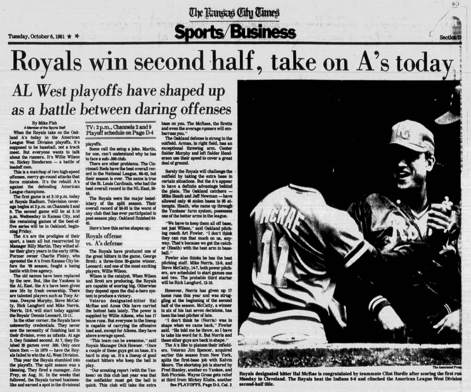 The Kansas City Times, Oct. 6, 1981: "Royals win second half, take on A's today."