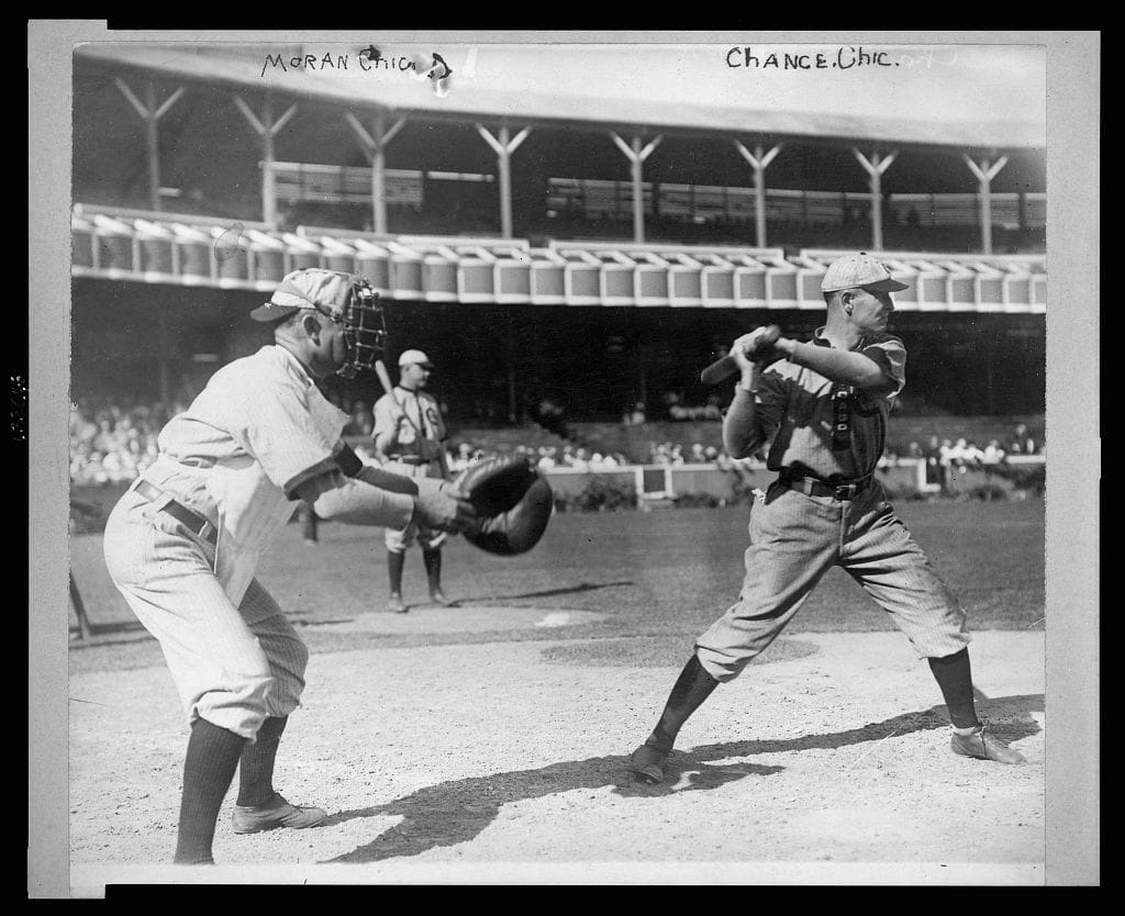 Chance at the plate, from the Bain News Service collection at the Library of Congress.