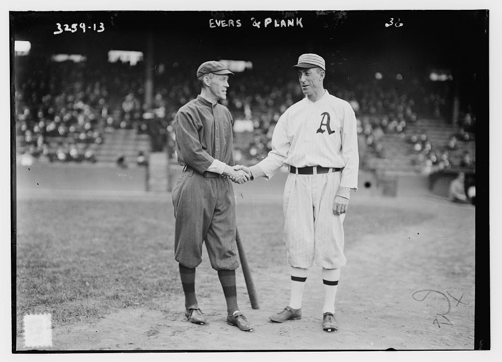 Evers, by then a Boston Brave, with Eddie Plank in 1914. Bain News Service, Library of Congress.