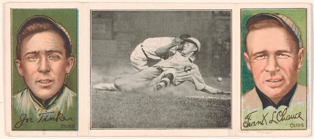 Tinker and Chance on a 1912 T202 Hassan triple-folder, the slide in the middle panel. Library of Congress.