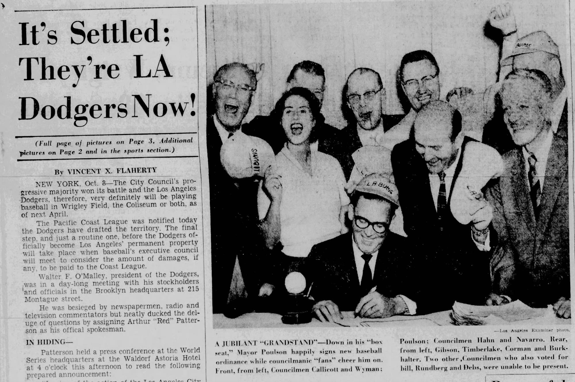 Los Angeles Examiner, Oct. 9, 1957: "It's Settled; They're LA Dodgers Now!"