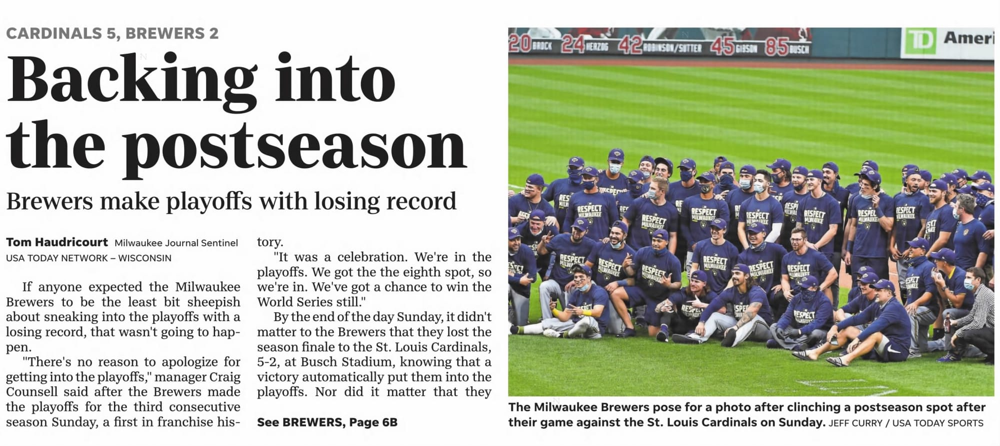Milwaukee Journal Sentinel, Sept. 28, 2020: "Backing into the postseason. Brewers make playoffs with losing record."