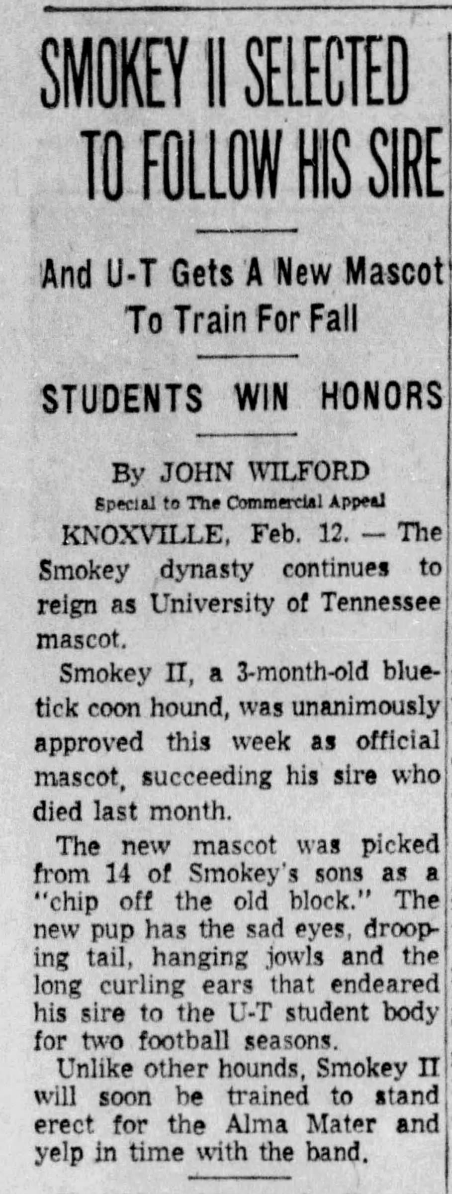 “Smokey II Selected To Follow His Sire” — The Commercial Appeal, Feb. 13, 1955. This is the dog Kentucky students would dognap months later.