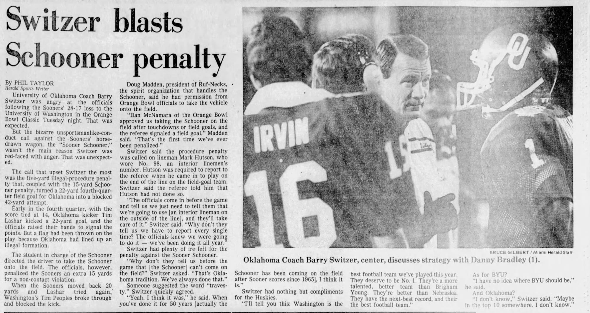 “Switzer blasts Schooner penalty” — The Miami Herald, Jan. 2, 1985. The wagon cost Oklahoma an Orange Bowl field goal.
