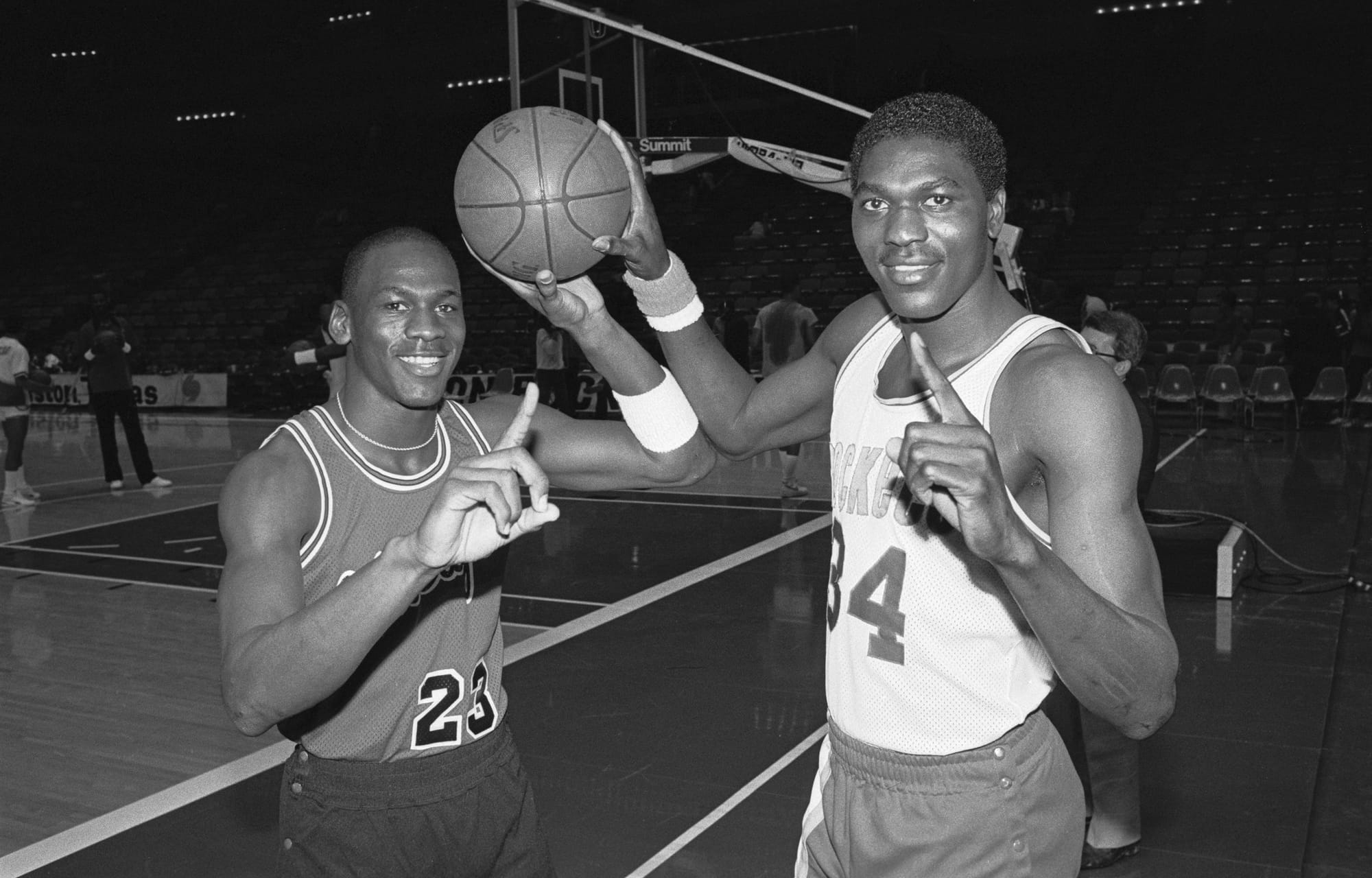 Rookies Olajuwon and Jordan, March 1985 — 17 years before the Raptors ending. UPI photo.