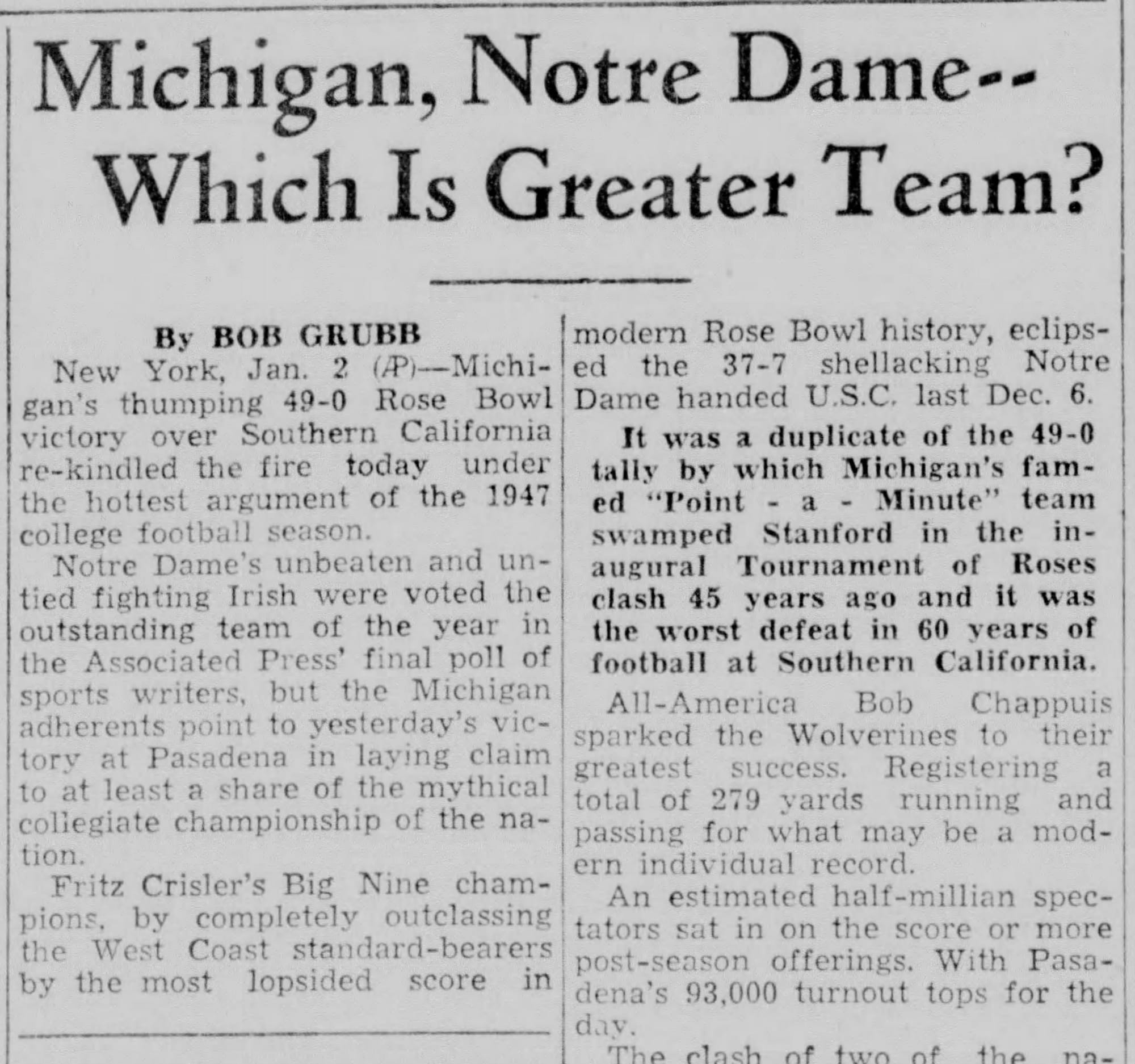 “Michigan, Notre Dame — Which Is Greater Team?” — the argument, in print, Jan. 2, 1948. The AP's re-vote answered it 2-to-1, then didn't count.