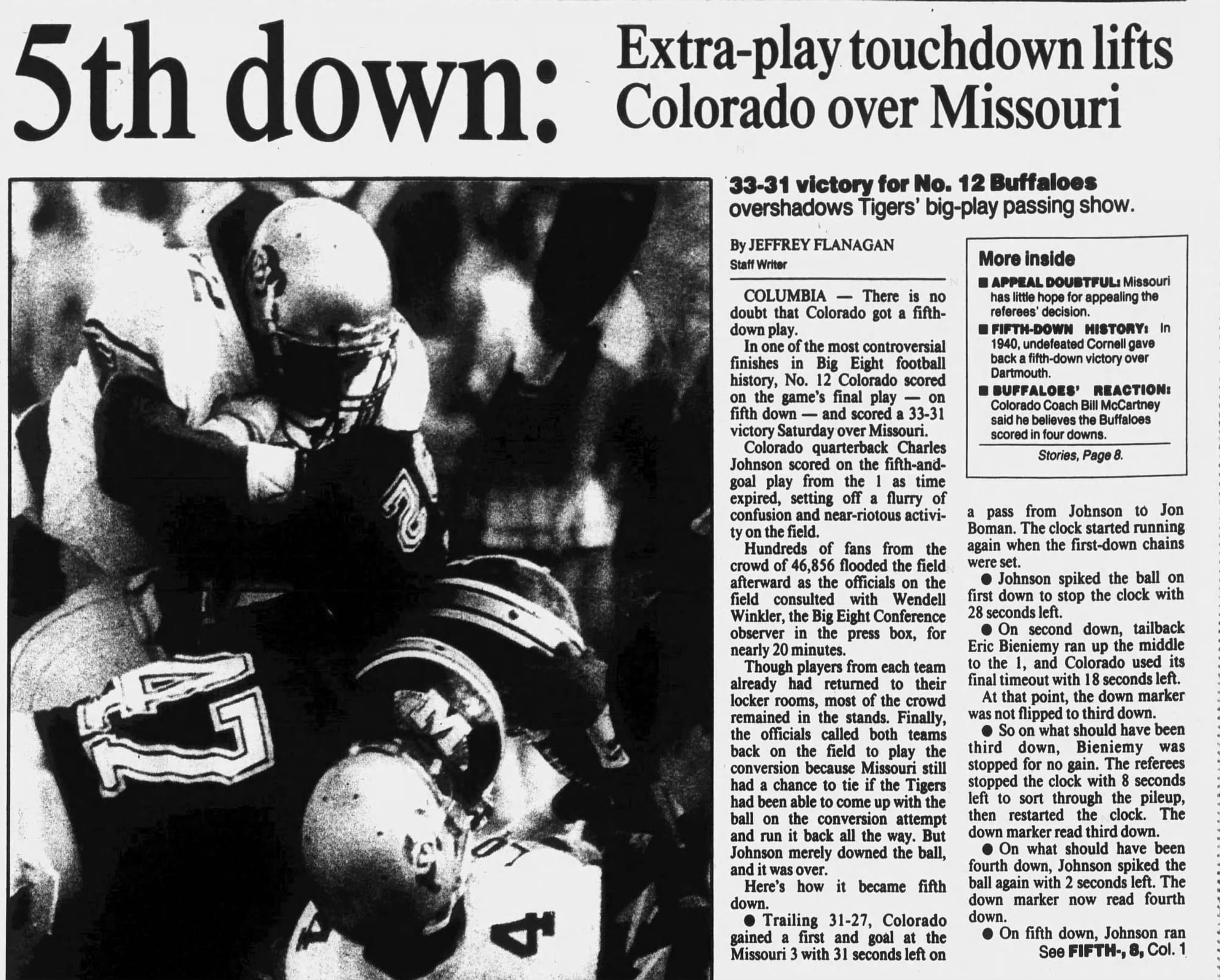 “5th down: Extra-play touchdown lifts Colorado over Missouri” — Kansas City Star, Oct. 7, 1990. The most consequential counting error in sports history.