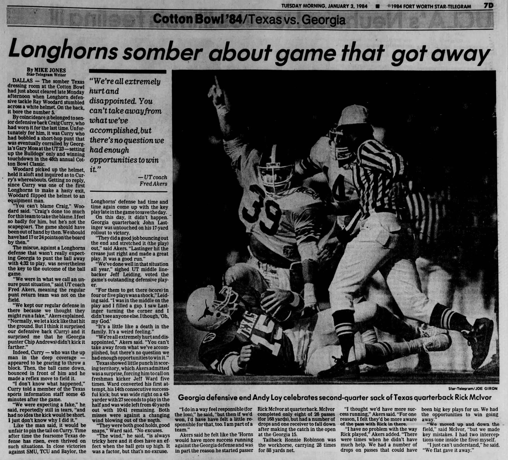 “Longhorns somber about game that got away” — Fort Worth Star-Telegram, Jan. 3, 1984. That night, Miami jumped from No. 5 to champion.