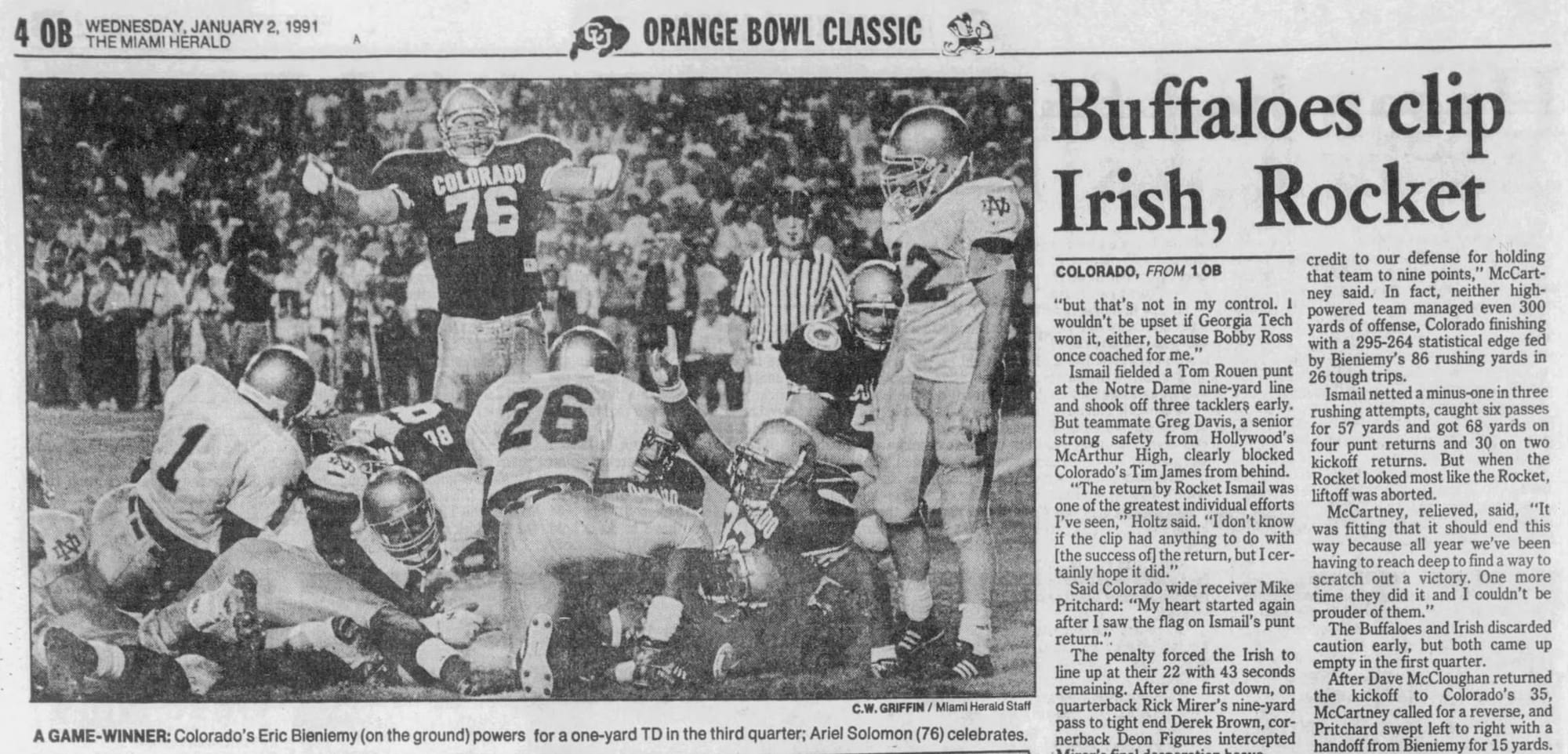 “Buffaloes clip Irish, Rocket” — Miami Herald, Jan. 2, 1991. Even the headline writers knew the penalty was the story.