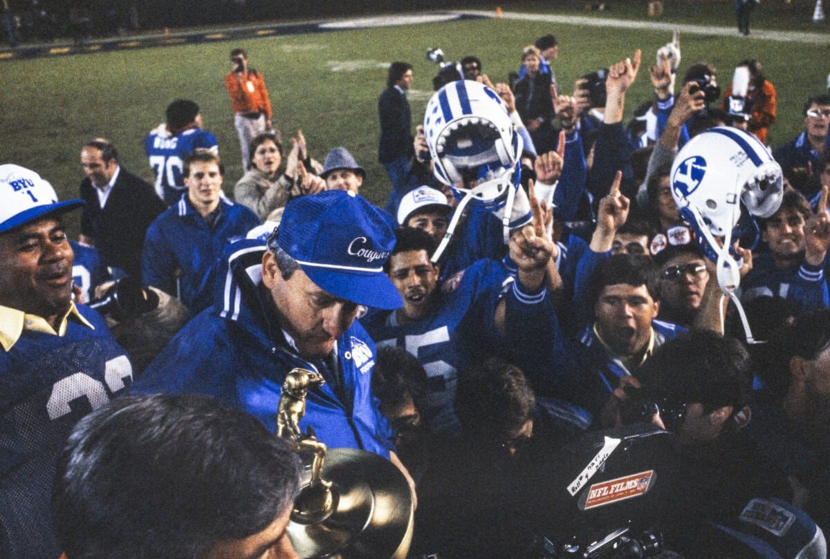 BYU celebrates the 1984 Holiday Bowl — a 24-17 win over a Michigan team that finished 6-6, and a national title.